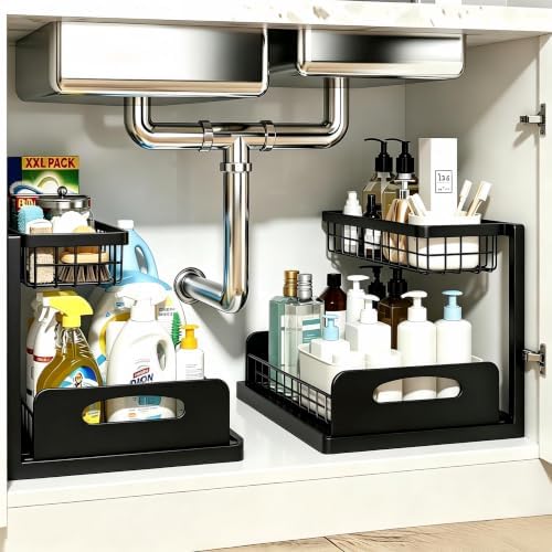 2 Pack Upgraded Under Sink Organizer, 2 Tier Pull out Kitchen Cabinet Organizer Metal Slide out Bathroom Organizers and Storage Makeup Drawer Organizer for Office Bedroom Restroom Living Room, L-Black by EGBULL