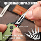 Folding Box Cutter Utility Knife, Green Aluminum, Pocket Clip + 5 Blades - Image 2