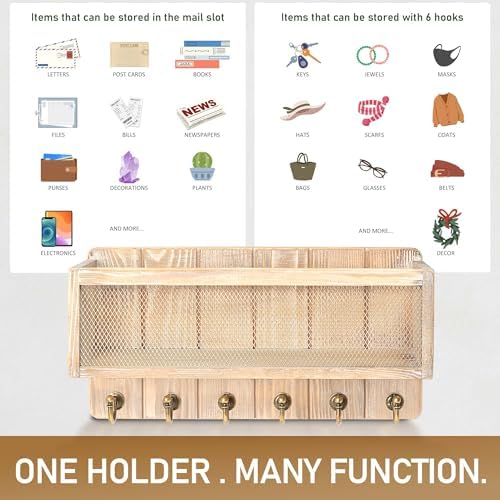 Rebee Vision Key Holder Wall Mount with Mail Basket for Home, Natural Wood - Image 4