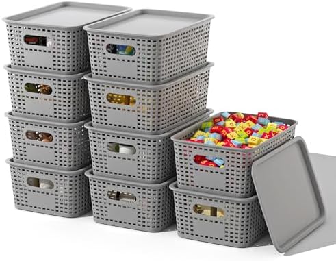 ORGIDOL Plastic Storage Basket with Lids 10 Pack Stackable Storage Bins Containers with Lid, Decorative Storage Boxes for Organizing Shelves, Drawers, Playroom, Classroom, Office, Closet, Grey by ORGIDOL