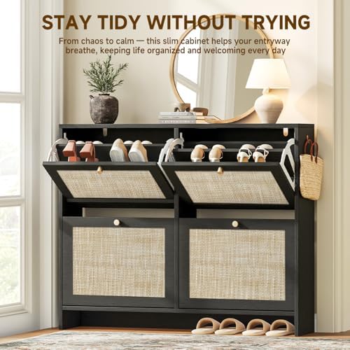 Nicetree Shoe Cabinet Storage for Entryway, 4-Flip Drawer Narrow Shoe Rack with Adjustable Shelves, Boho Modern Square Rattan Shoe Organizer, Slim Wood Storage Cabinets for Small Spaces Fits Size 13.5 - Image 6
