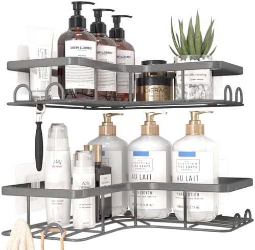 Sakugi Corner Shower Caddy - 2 Pack, Adhesive Shower Organizers, Rustproof Stainless Steel Shower Shelves with 8 Hooks, No Drilling Bathroom Organizers and Storage Racks, Space-Saving, Grey, Large - Image 3