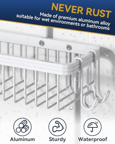 YASONIC Never Rust Shower Caddy Hanging, Aluminum Shower Racks for Inside Shower, 2-Tier Shower Organizer Hanging Over Shower Head with Hooks and Soap Holder, White - Image 4
