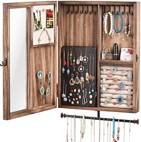 Keebofly Wall Mounted Jewelry Organizer Box Rustic Wood Large Space Jewelry Cabinet Holder Jewelry Storage Box for Necklaces, Earrings, Bracelets, Ring Holder, and Accessories (Carbonized Black) by Keebofly