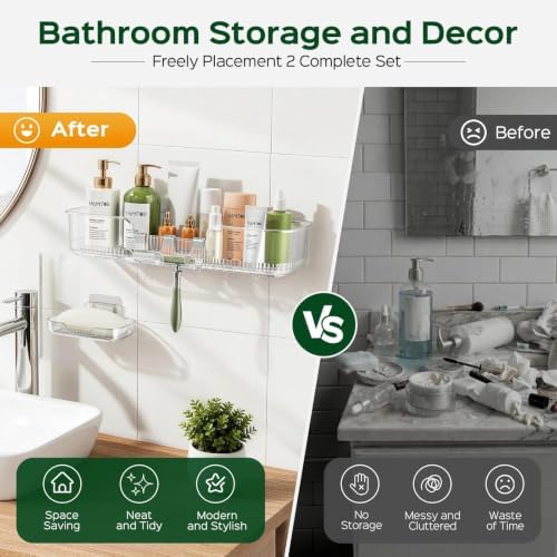 HAMITOR 2 Pack Adhesive Shower Caddy, Clear Transparent Shower Organizer - Image 6