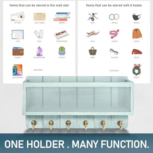 Rebee Vision Key Holder Wall Mount with Mail Basket for Home Decor, Blue - Image 4