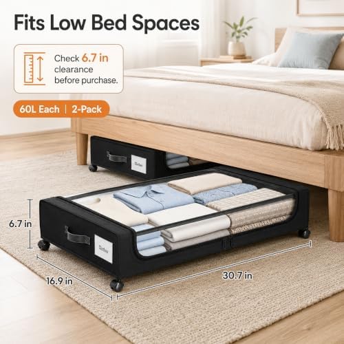 Under Bed Storage with Wheels, 2-Pack 60L Bins, Low Profile, Black - Image 6