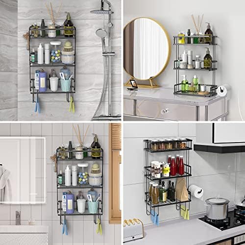 FLOLXNB Over The Toilet Storage Shelf, 3-Tier Bathroom Storage Organizer Upgrade Punch-Free Toliet Storage Shelf, Home Storage Rack with Hooks Shelf,Black - Image 6