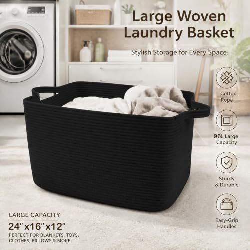 96L Woven Laundry Basket with Handles, Extra Blanket Basket,Black - Image 5