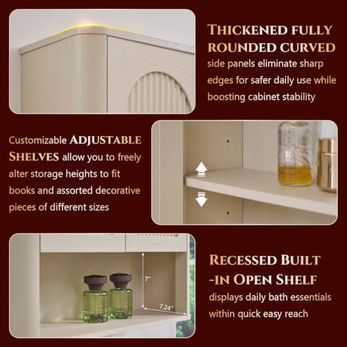 Bathroom Fluted Arched Wall Cabinet, 23.6''W Wood Medicine Cabinet, Cream - Image 4