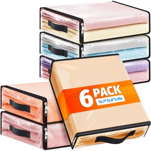 SpaceWhisper Clear Sheet Storage Bags, 6 Pack, 15.7 x 13.8 x 3.9 in | Sheet organizers and storage, zippered closure, thick plastic, reinforced handles, clothes, blankets, under-bed storage by Unknown