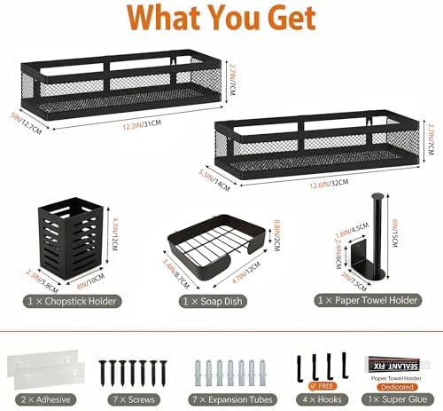 PUSDON 5-in-1 Wide Wall Mount Wrapped Mesh Kitchen Organizer & Shower Caddy Kit, with Paper Towel Holder, Utensil Holder, Soap Dish, Heavy Duty 50LBS - Matte Black, Netting - Image 3