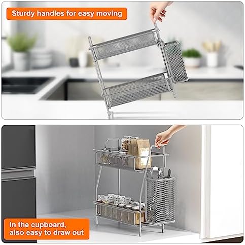 LEMIKKLE Spice Rack Organizer for Kitchen Counter, Spices Organizer and Storage Seasoning Organizer for Cabinet, Kitchen Metal Countertop Organizer with Side Basket (Grey) - Image 4