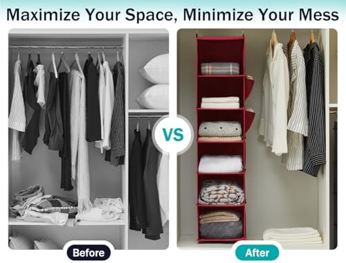 YOUDENOVA Hanging Closet Organizer and Storage, 6-Shelf, Dark Red | Breathable Fabric, Clothes Organizer with 2 Side Pockets, Hanging Shelves for Closet Storage, Dorm Room Essentials for Guys - Image 6