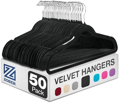 Zober Black Velvet Hangers 50 Pack, Slim Non Slip Clothes Hangers | Slim velvet hangers with pants bar, felt hangers, flocked hangers, non slip hangers, coat hangers for suits, shirt hangers by ZOBER