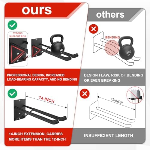 14" Large Heavy Duty Garage Hooks, 2-Pack Steel Garage Storage Hooks with Support Rods, Utility Wall Mount Hangers for Power Tools, Car Tires, Ladders, Chairs, Garden Tools and More - Image 3