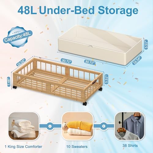 efluky 2-Pack Bamboo Under Bed Storage with Wheels, Rolling UnderBed Storage Basket with Large Dust Bag, Under Bed Storage Containers for Bedroom, Dorm and Basement, Nature - Image 2