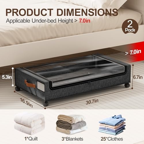 LAMU Under Bed Storage Containers with Wheels, 2 Pack, Hemp Grey | Smooth-rolling Wheels, Clear Lid & Label, Sturdy Metal Frame, Easy Install, Rolling Storage Drawers for Clothes, Shoes, Toys - Image 2