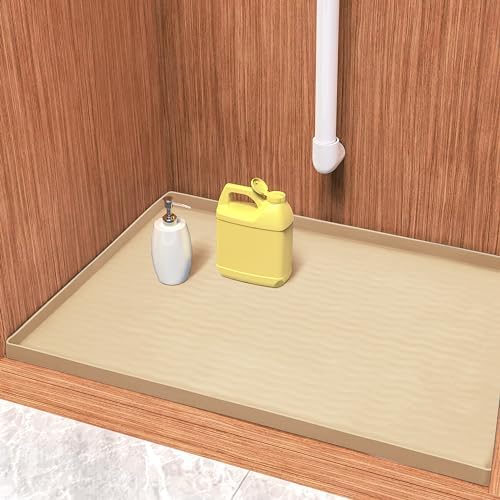 URMONA Waterproof Silicone Under Sink Mat 31'' x 22'' Shelf Liner for Kitchen and Bathroom, Cabinet and Counter Protector, Storage and Organizers, Litter Mat, Pet Cat Puppy Essentials(Khaki) by URMONA