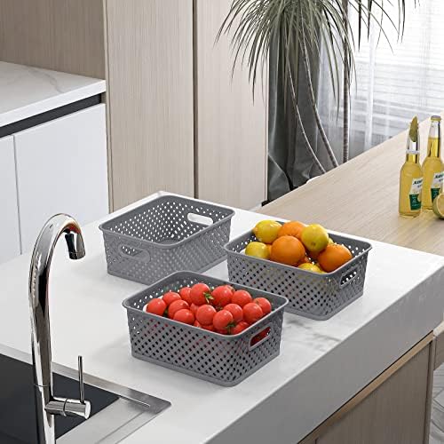 MaxGear 3 Pack Plastic Storage Baskets, Large, Grey - Image 6