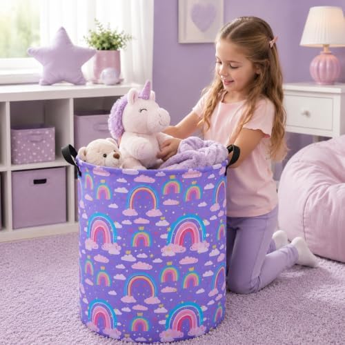 Collapsible Kids Laundry Basket Clothes Hamper, Foldable Storage Organizer Bin, Toy Clothes Storage with Handles for Boys Girls Bedroom, Room Decor Purple Rainbown - Image 5