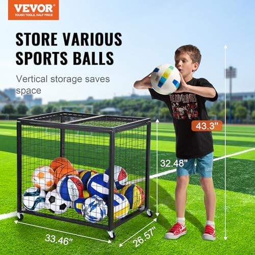 VEVOR Rolling Sports Ball Storage Cart, Lockable Basketball Cage with Double Lids, Sport Equipment Holder Organizer for Indoor Outdoor, Steel Storage Rack for Garages, Playgroup, Gym and Schools - Image 2