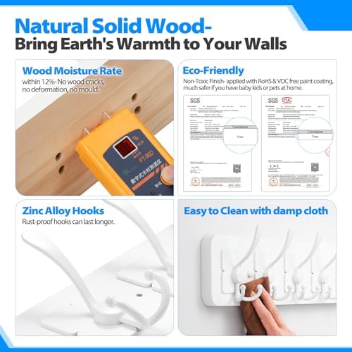 Solid Pine Wooden Wall-Mounted Coat Rack - Rustic Entryway Organizer with 6 Zinc Alloy Hooks, Space Saving Wall Coat Hanger for Jackets, Hats, Bags, Towels & Robes (White, 6 Triple Hooks) - Image 4