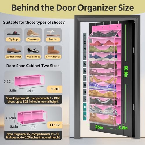 PAULONE 12 Pocket Over the Door Shoe Organizer,Reusable Breathable Large Mesh Bag Men's & Women's Sneaker Organizer,Shoe Organizer for Kids,Hanging Shoe Storage Hanging Bag (Pink) - Image 3