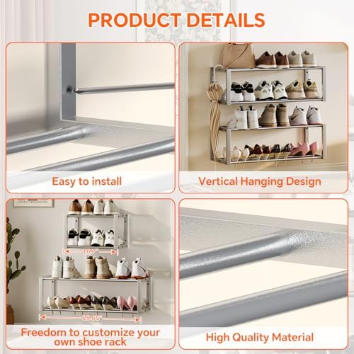 Homeiju Hanging Shoe Organizer,2 Pack Wall Mounted Shoe Rack Holds 12 Pairs,Space Saving Metal Wall Shoe Rack,Hanging Shoe Rack Shoe Holder for Small Space,Entryway,Closet,RV,Camper (Silver) - Image 6