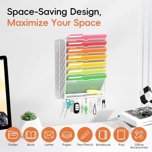 8-Tier Wall File Organizer with Hook, Hanging File Organizer White - Image 4