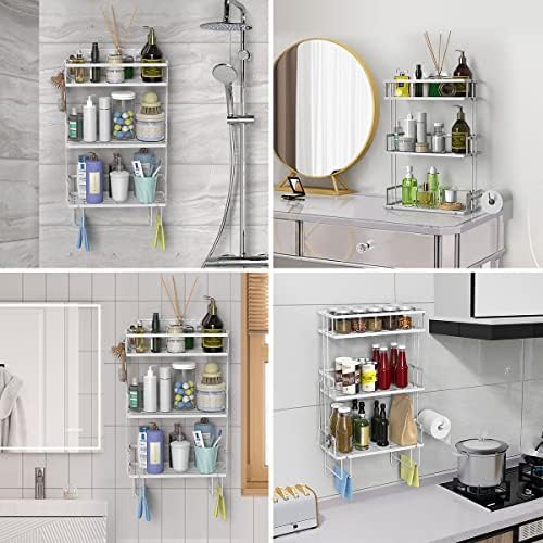 FLOLXNB Over The Toilet Storage,3-Tier Bathroom Organizer Shelves with Paper Holder, Multifunctional Toilet Rack,No Drilling Storage Shelf, Home Storage Space Saver Wall Mounting Design,White - Image 6