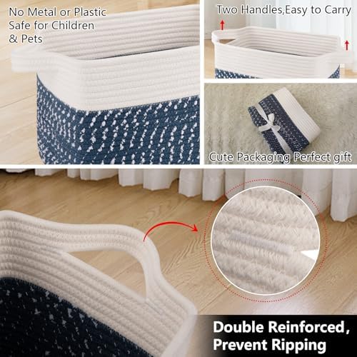 OIAHOMY Cotton Rope Storage Baskets for Organizing White Blue 3-Pack - Image 4