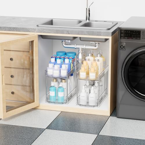 2 Pack Large Pull Out Bathroom Organizers and Storage,2 Tier 12.8″ Tall Sliding Kitchen Under Sink Organizer for Cleaning Products Storage,Acrylic Clear Bathroom inder Sink Organizer,Undersink Storage - Image 4
