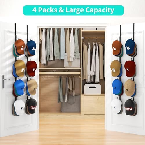 HapiRm Over Door Hat Rack - 4 Packs Metal Hanging Hat Organizer with 16 Hooks Design, Baseball Cap Hanger Organizer Storage Holds up to 80 Caps for Door, Bedroom, Closet - Image 2
