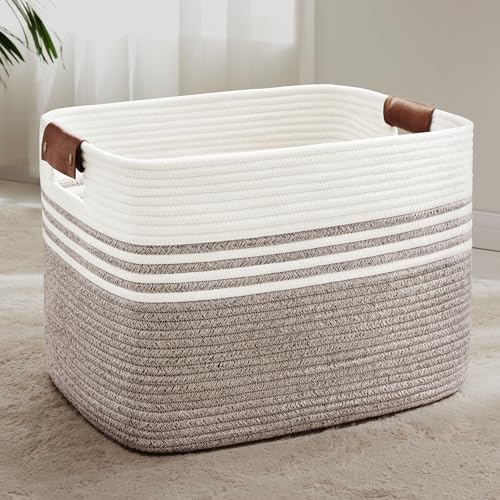 100L Woven Laundry Basket Hamper with Leather Handles,Dark Brown by SunNewt