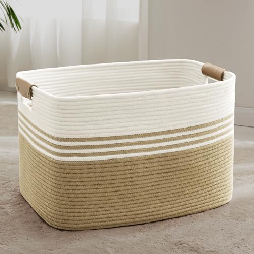 86L Large Woven Laundry Basket Hamper with Leather Handles,Khaki by SunNewt