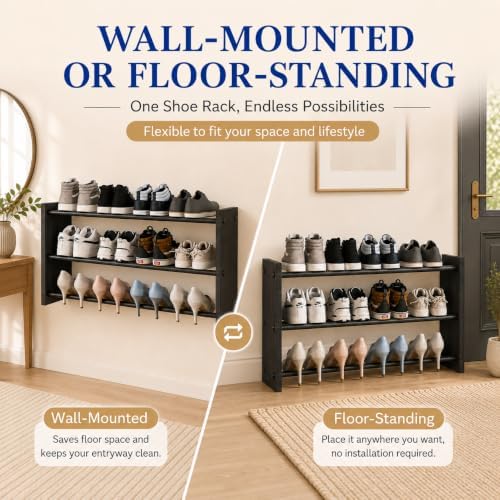 3 Tier Shoe Shelf for Closet, 17"-30" Adjustable Hanging Shoe Rack, Wall Mounted Shoe Rack Holds 12 Pairs, Small Wall Shoe Storage Organizer for Garage, Entryway, Hallway, Bedroom (Black) - Image 5
