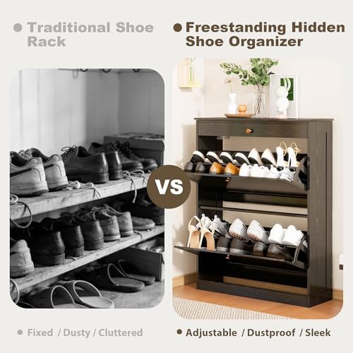 Wood Shoe Storage Cabinet, Hidden Shoe Rack Cabinet with 2 Flip Drawers - Image 4