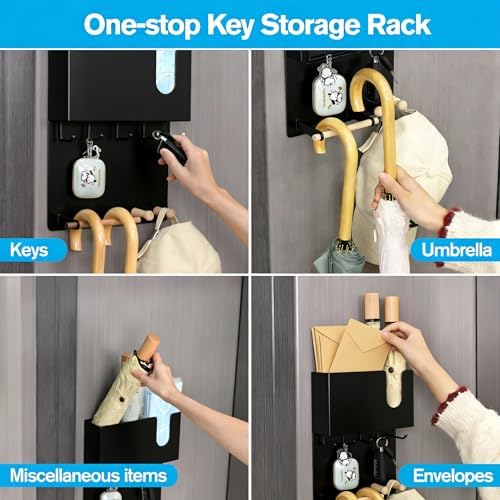 Magnetic Key Holder & Umbrella Holder for Wall, Multi-Functional Entryway Shelf for Tissues. Sturdy Hooks for Keys, Bags. Space Saving Organizer for Apartment, Dorm Room (Black) - Image 5