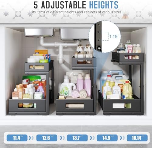 1 Pack 17IN Depth Under Sink Storage Organizer, Large 2-Tier Elegant Mesh Pull Out Shelf for Kitchen and Bathroom Cabinet Organization, L-Shaped and Adjustable Height Design-Black - Image 5