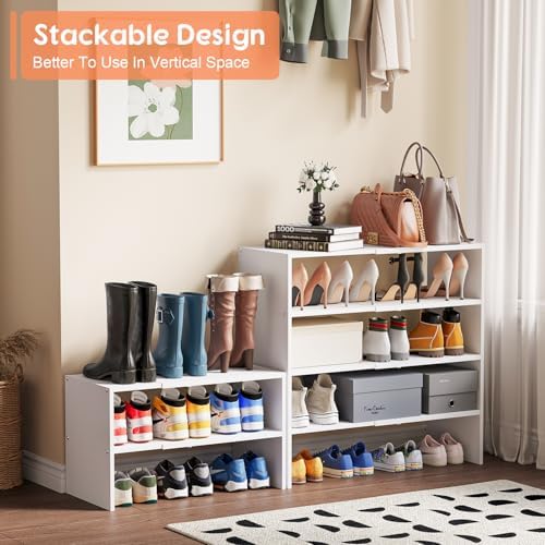 2-Tier Expandable White Shoe Rack Organizer for Closet, Stackable Shoe Rack Storage Shelf, Small Iron Wood Combination Shoe Shelves for Closets,Entryway,Front Door, Narrow Space,Hallway,6-12 Pairs - Image 4