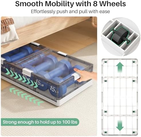 Kitstorack Clear Plastic Under Bed Storage Containers Bins with Lids and 8 Pre-installed Wheels,37.8 Qt, Rolling Foldable Flat Under Bed Organizer Boxes for Clothes Shoes Clothing Bedroom - Image 4