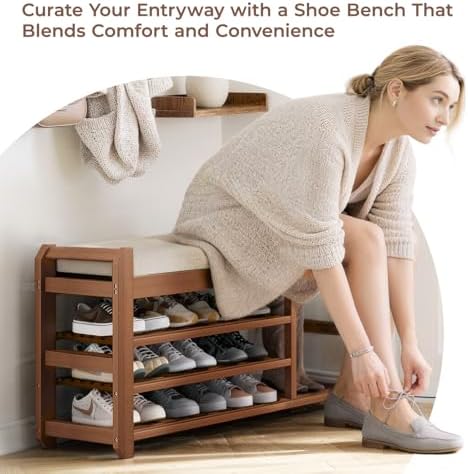 39.4" Entryway Shoe Rack Bench with Cushion, 3-Tier Storage Bench - Image 5
