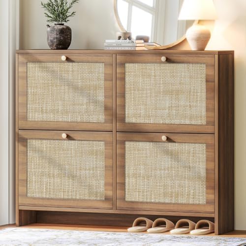 Nicetree Shoe Cabinet Storage for Entryway, 4-Flip Drawer Narrow Shoe Rack with Adjustable Shelves, Boho Modern Square Rattan Shoe Organizer, Slim Wood Storage Cabinets for Small Spaces Fits Size 13.5 by Nicetree
