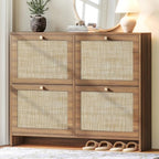 Nicetree Shoe Cabinet Storage for Entryway, 4-Flip Drawer Narrow Shoe Rack with Adjustable Shelves, Boho Modern Square Rattan Shoe Organizer, Slim Wood Storage Cabinets for Small Spaces Fits Size 13.5 by Nicetree