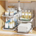 Delamu 2-Tier Multi-Purpose Bathroom Under Sink Organizers and Storage, Stackable Kitchen Pantry Organization, Pull Out Medicine Cabinet Organizer with Movable Dividers, Grey, 2 Pack - Image 7