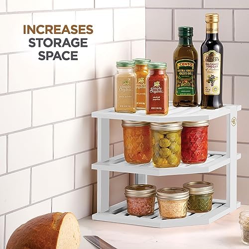 White Plate Organizer for Cabinet - 3 Tier Bamboo Corner Cabinet Organizer Shelf for Plates Bowls Mugs Cups, Kitchen Cabinet Organizer, Cabinet Shelf Organizer, Countertop Rack, 10 x 10 x 9.5 Inch - Image 5