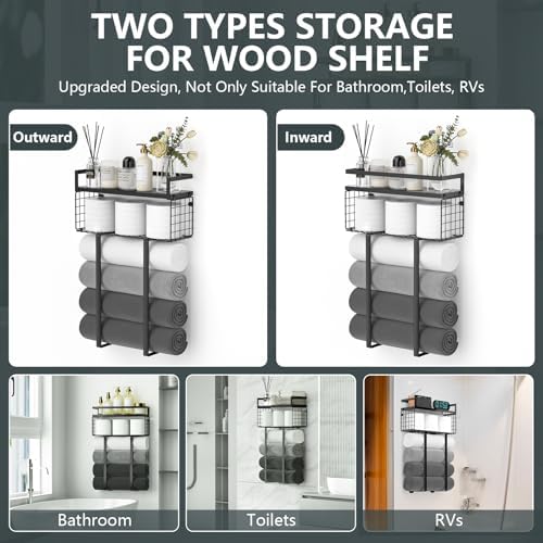 Xstydes Towel Racks for Bathroom, Metal Towel Holder with Storage Basket,Wall Towel Rack for Rolled Towels, Towel Storage for Small Bathroom,Black - Image 4