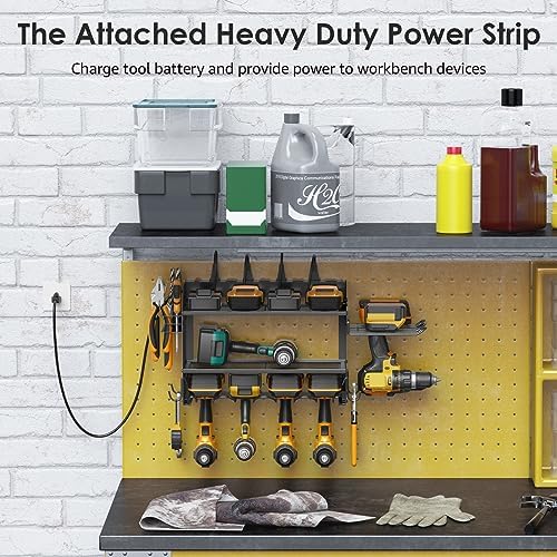 CCCEI Modular Power Tool Organizer Wall Mount Charging Station, Black 6 Drills Holder with 8 Plug Power Strip, Garage Drill Battery Heavy Duty Metal Shelf, Utility Rack with Hooks, Side Storage. - Image 3