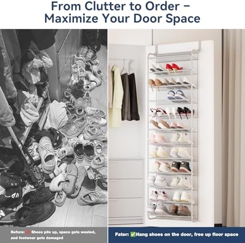 Whitmor 36 Pair Over The Door Shoe Organizer, 12 Tier Hanging Shoe Organizer, Heavy Duty Metal & Mesh Shoe Holder, Hanging Shoe Rack for Closet Organizer & Storage, 74"H x 21.7"W x 7.5"D, Grey - Image 6